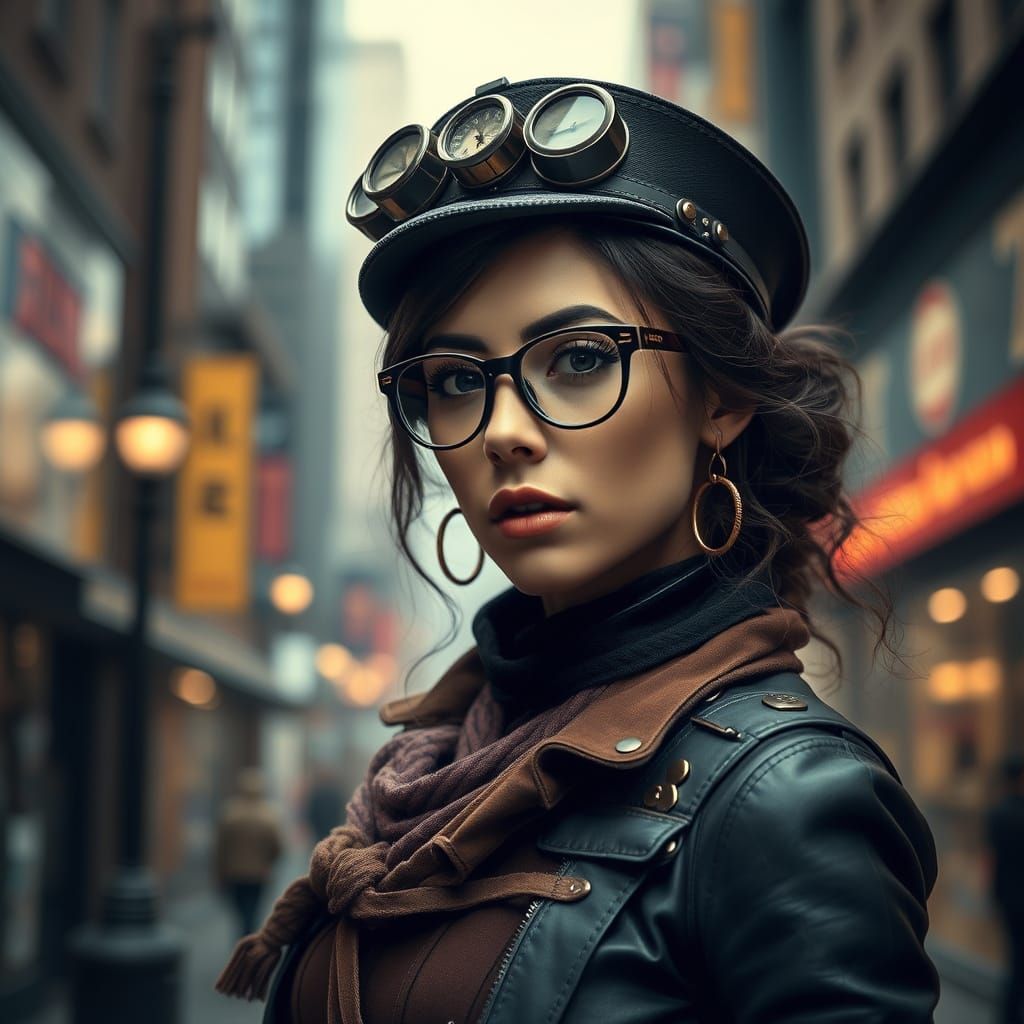 Steampunk Goddess Amidst Urban Splendor
