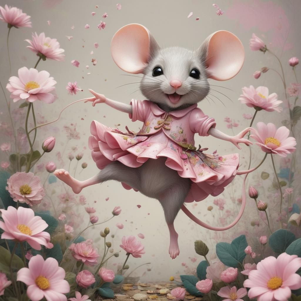 Chibi Mouse in Floral Ballet, Ceramic Style