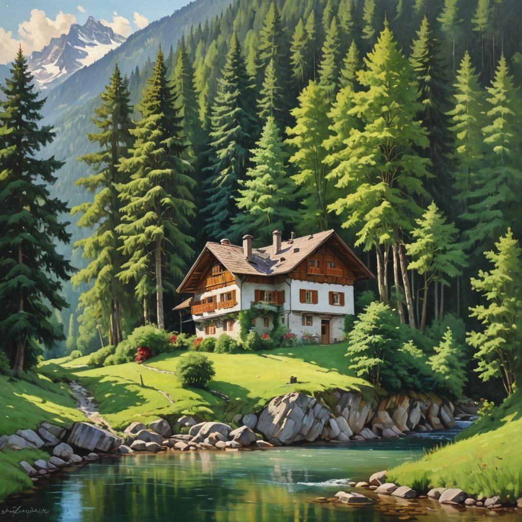 Swiss Home by Forest in Oil Painting Style