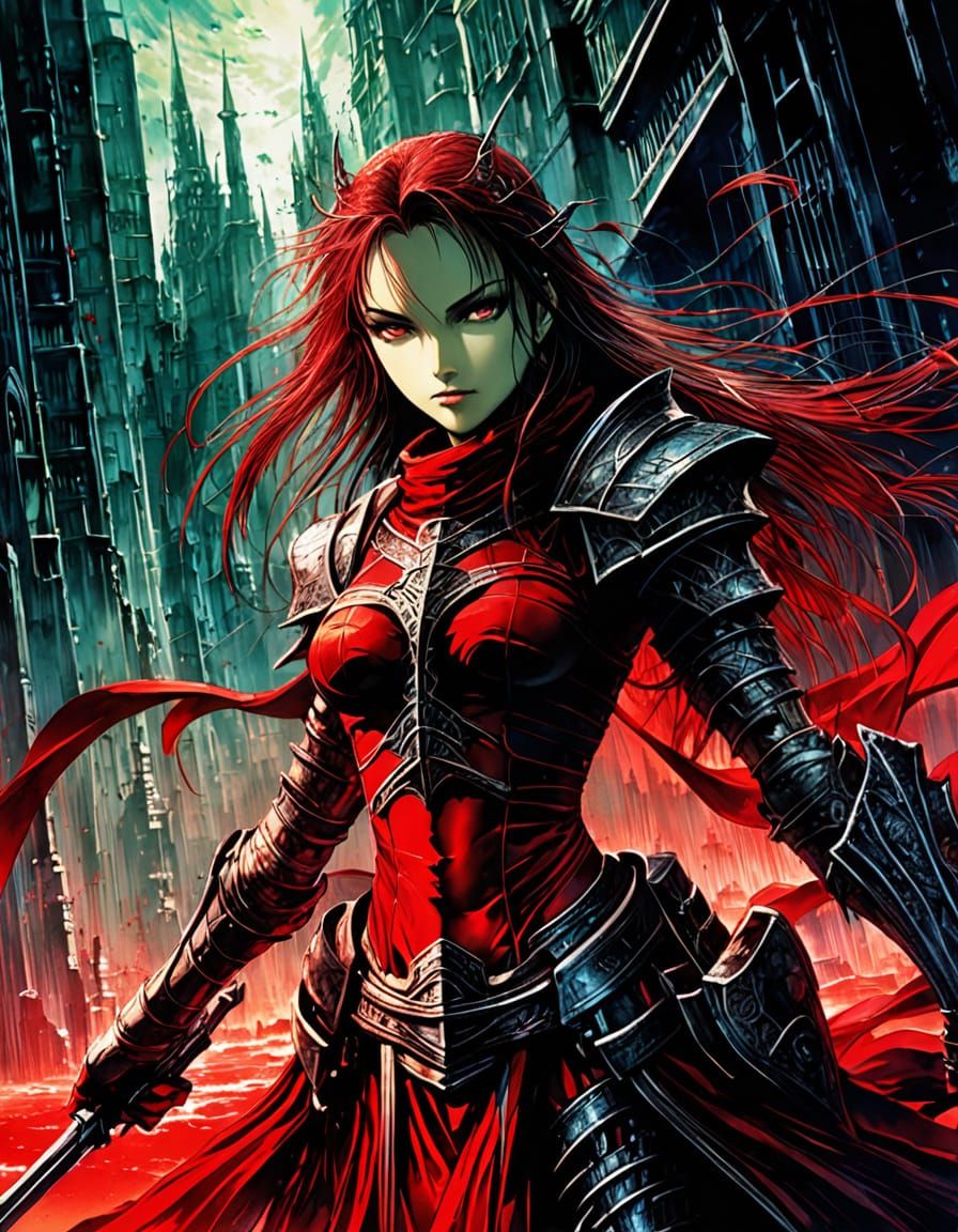 Crimson Anime Beauty in Cel-Shaded Manga Style