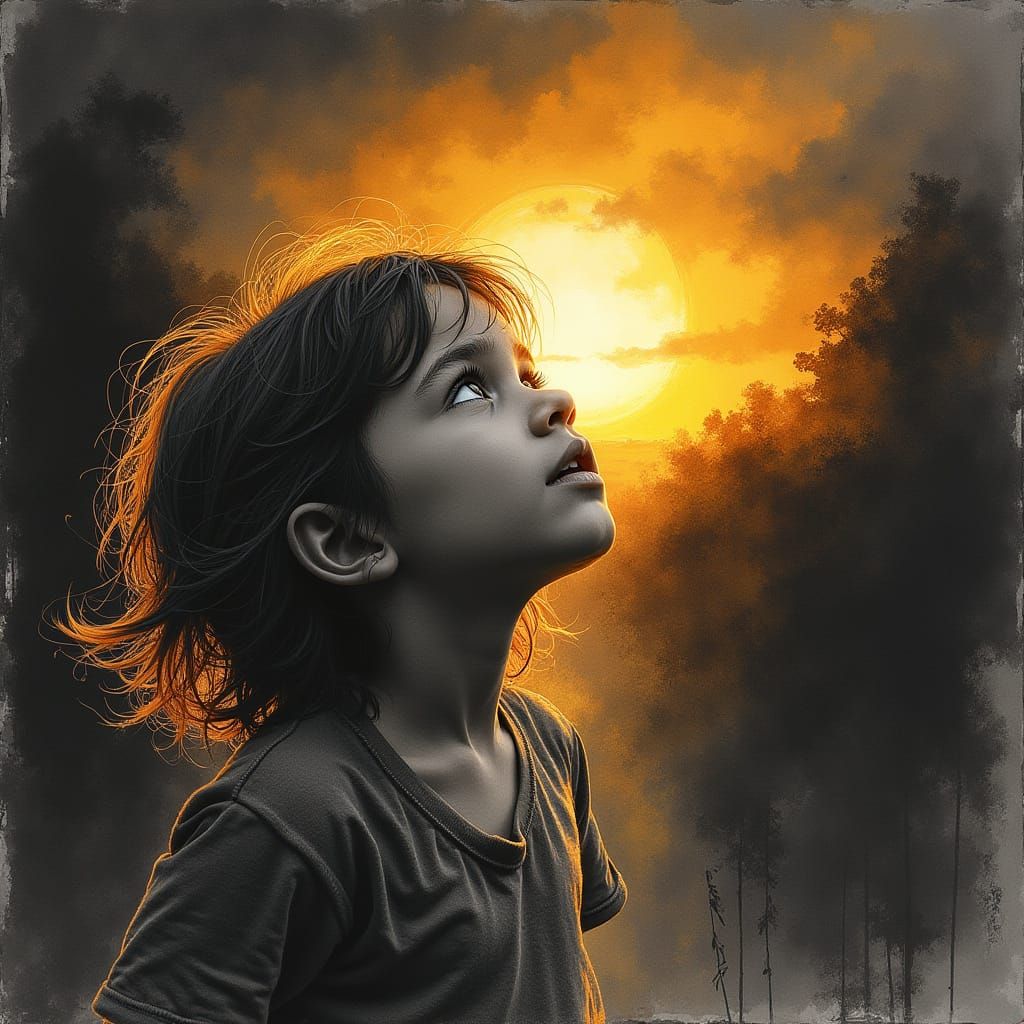 Child's Amazement at Sunset in Watercolor and Charcoal Sketc...