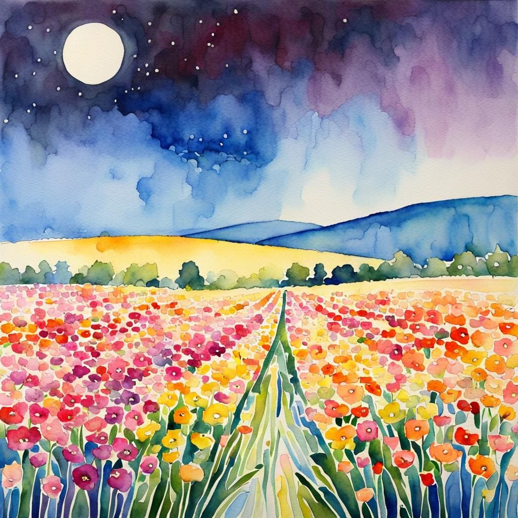 Surreal Glowing Flower Field in Watercolor Style