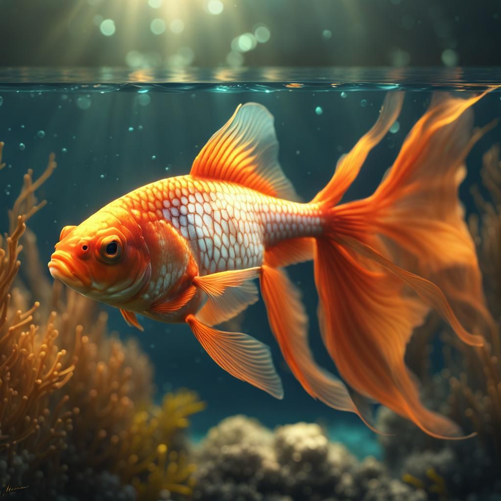 Dreamy Goldfish with Transparent Tail in Detailed Digital Ar...