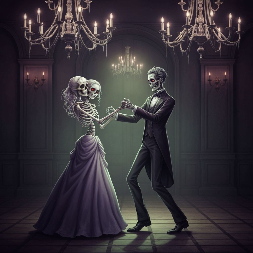 Elegant Skeleton and Zombie Couple Waltz in Gothic Ballroom
