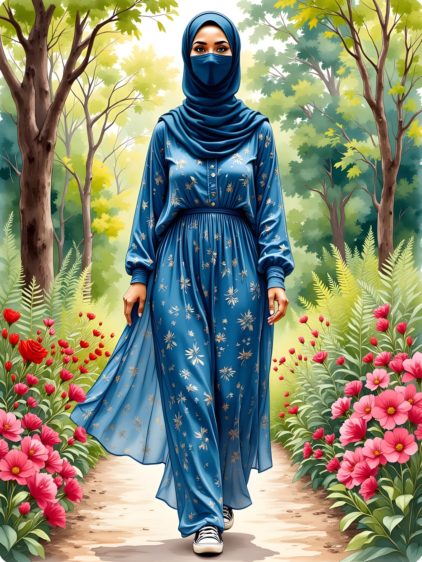 Woman in Botanic Garden, Watercolor Style