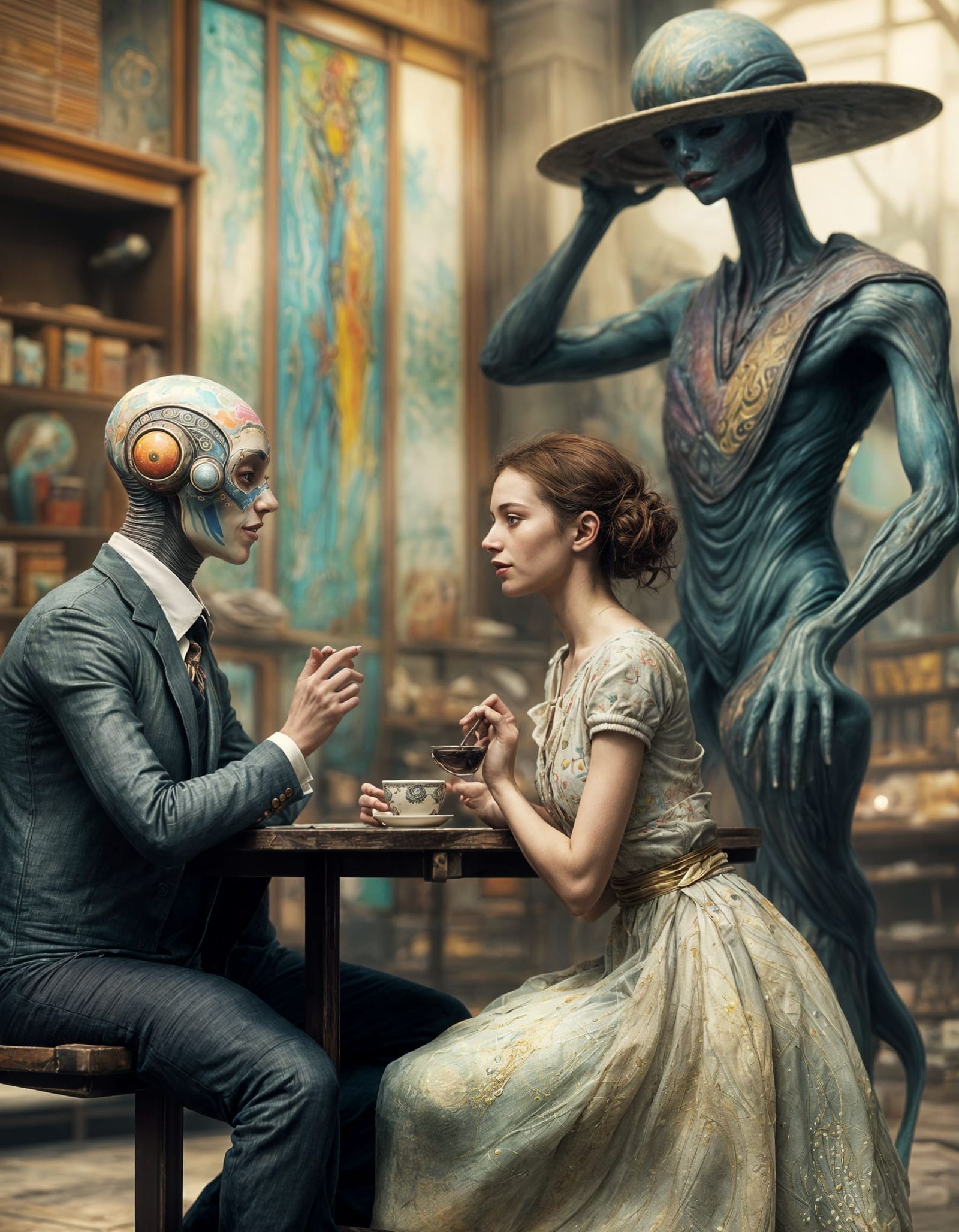 Smiling Alien at Table: Polychromatic Digital Art