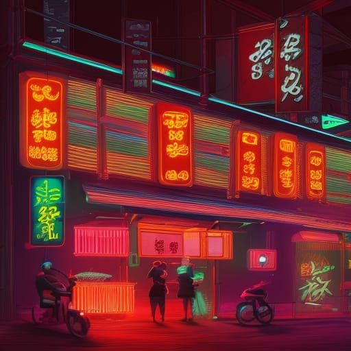 Cyberpunk Ramen Bar with Neon Glow and Geisha