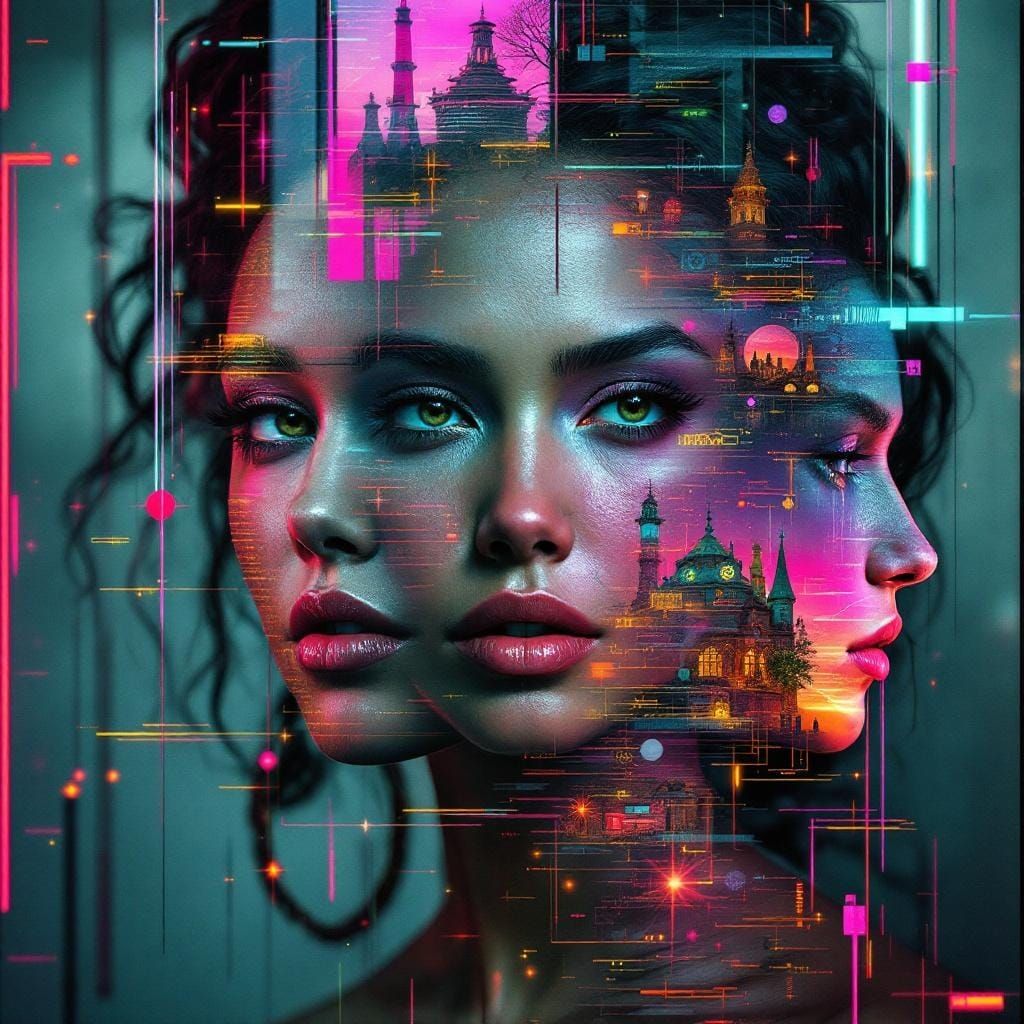 Woman Glitching Through Time: A Hyperdetailed Vision