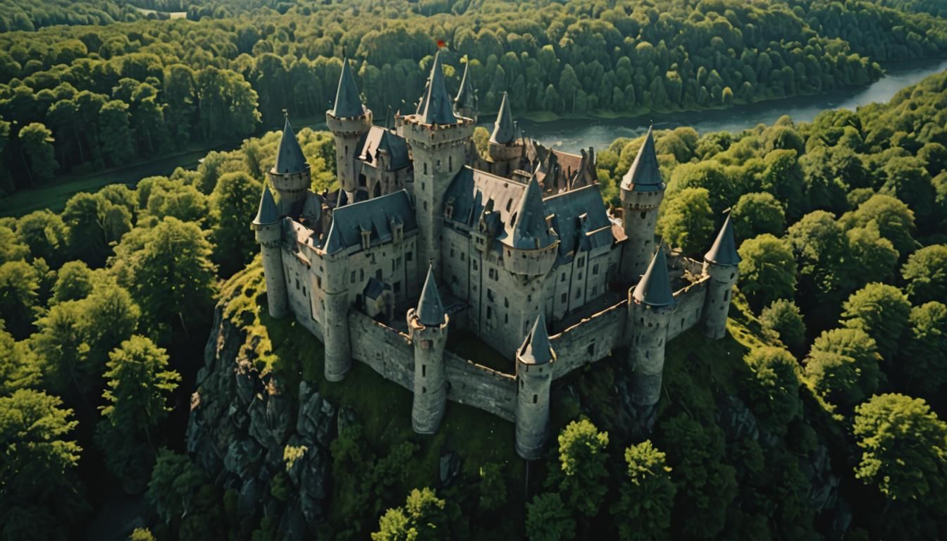 Dramatic Aerial View of Medieval Castle in Woods