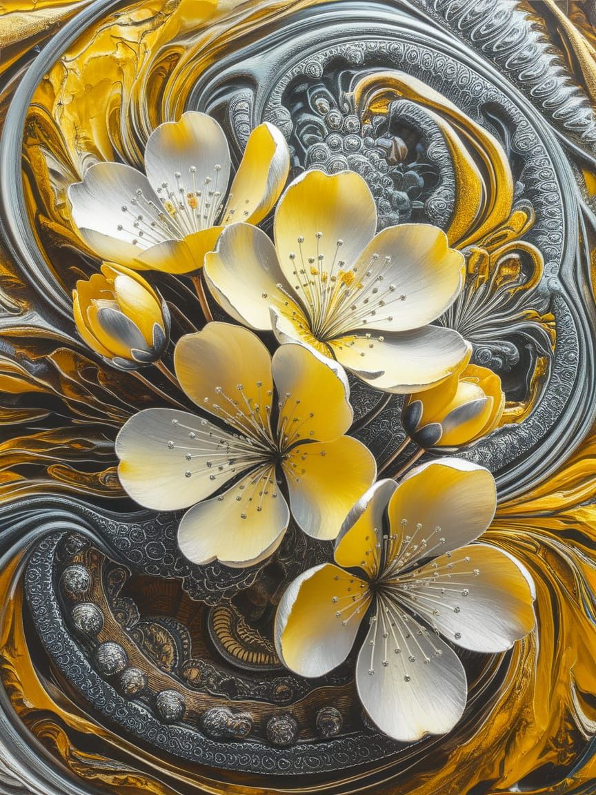 Vibrant Yellow Blossoms Shine in Golden Acrylic Art