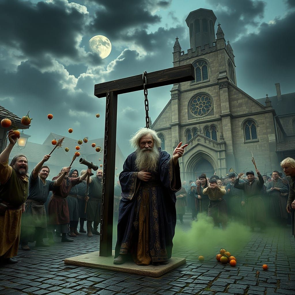 Medieval Magician Bound in Pillory, Mysterious and Amused