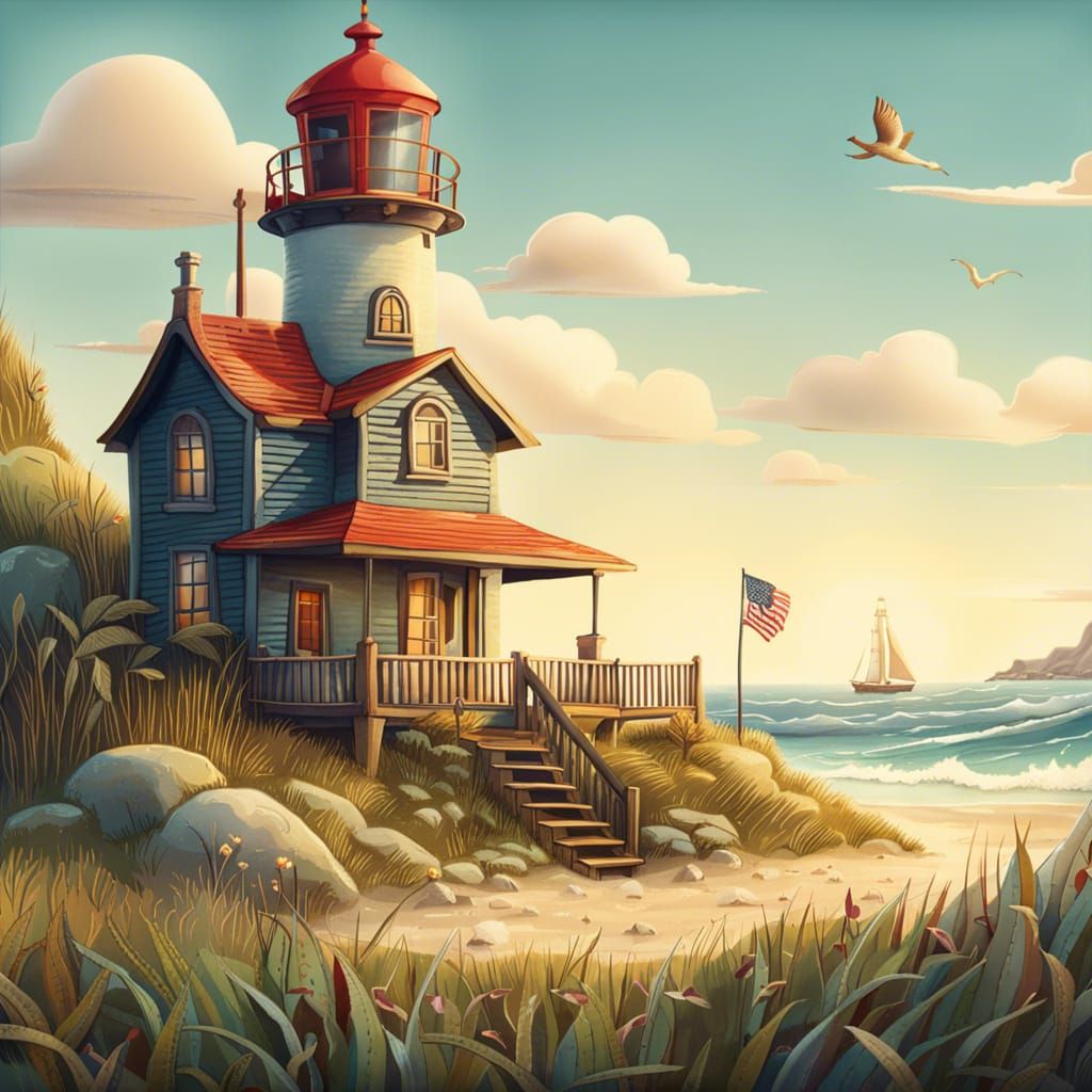 Charming Beach House Illustration with Lighthouse