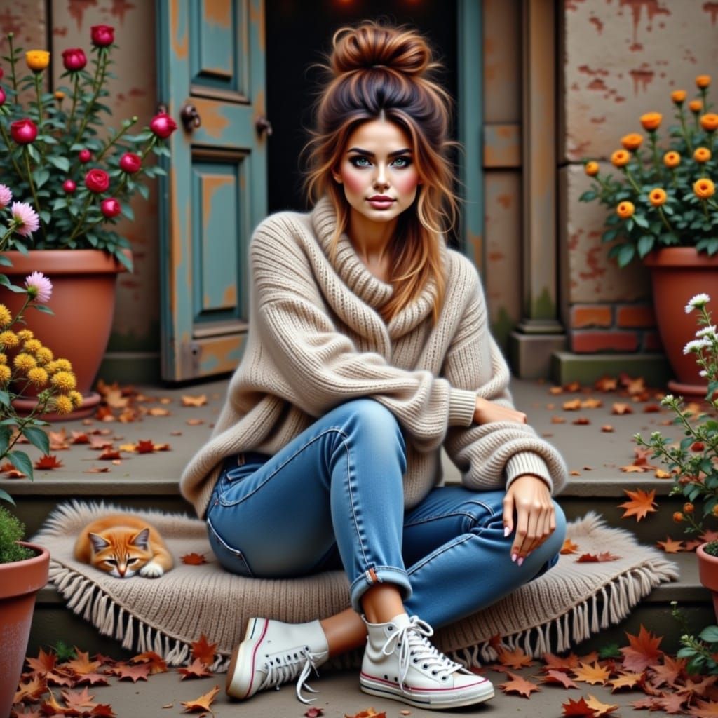 Woman on Veranda with Cat and Autumn Leaves