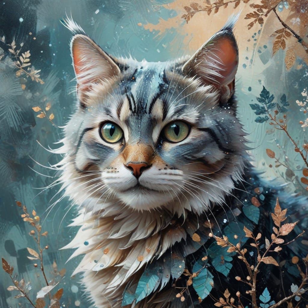 Ethereal Paper Collage of a Smiling Winter Cat