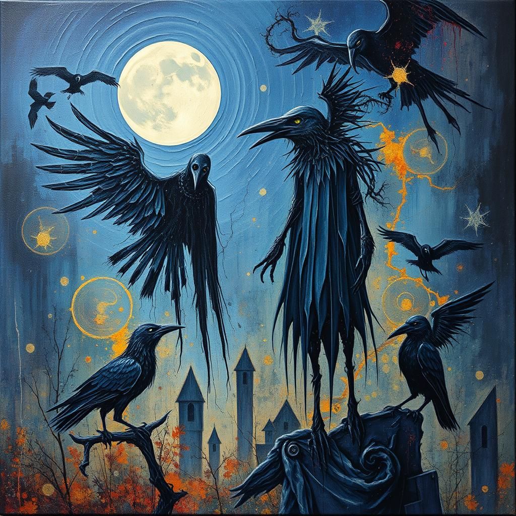 Ghostly Scarecrow and Ravens in Impasto Style