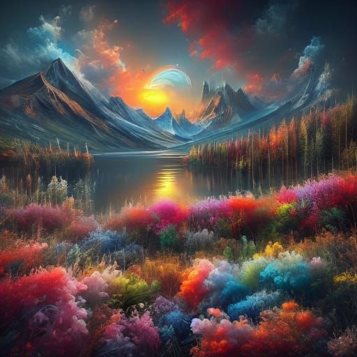 Crater Lake in Majestic Mountains, American Luminism Style