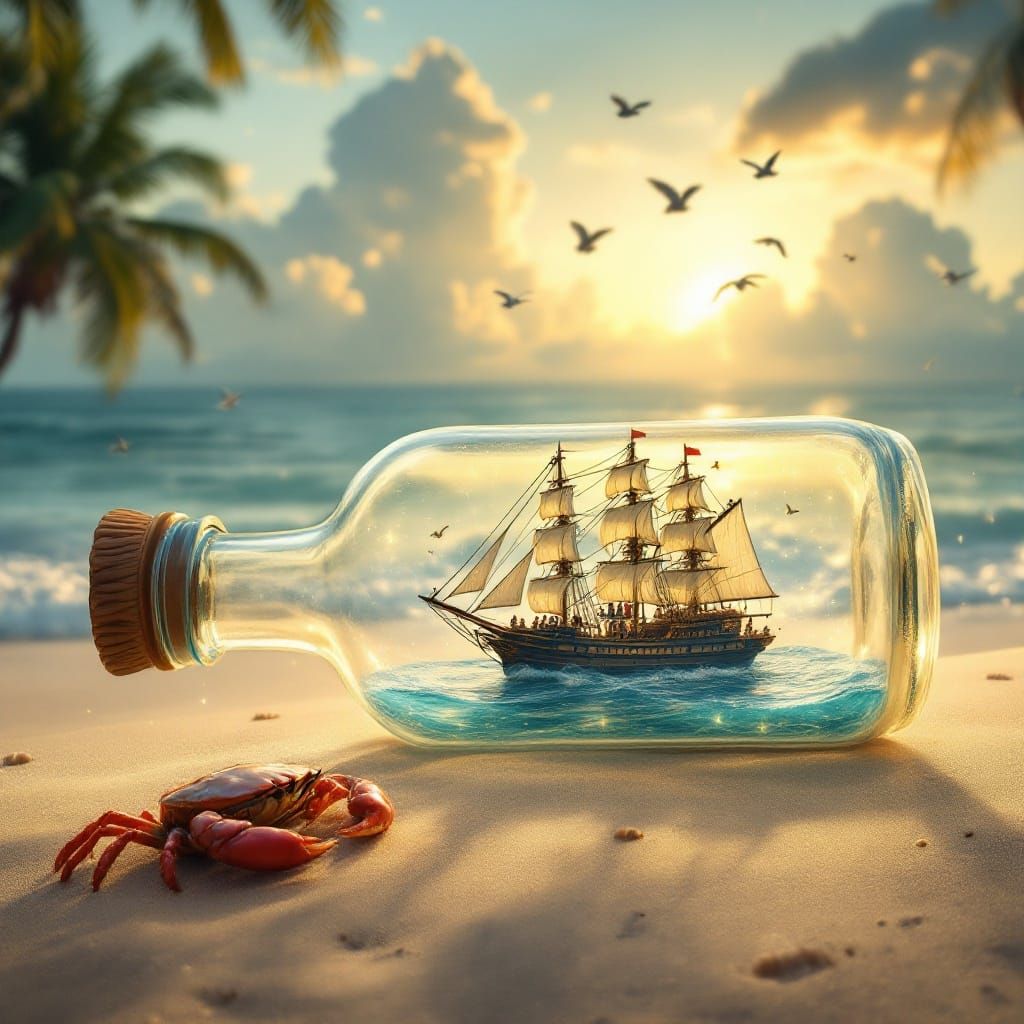 Miniature Ship in a Bottle on Tropical Beach