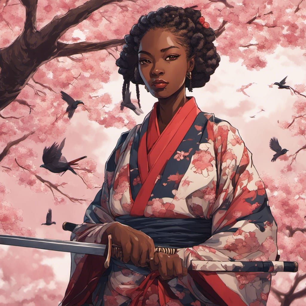 African Woman Samurai with Katana in Anime Style