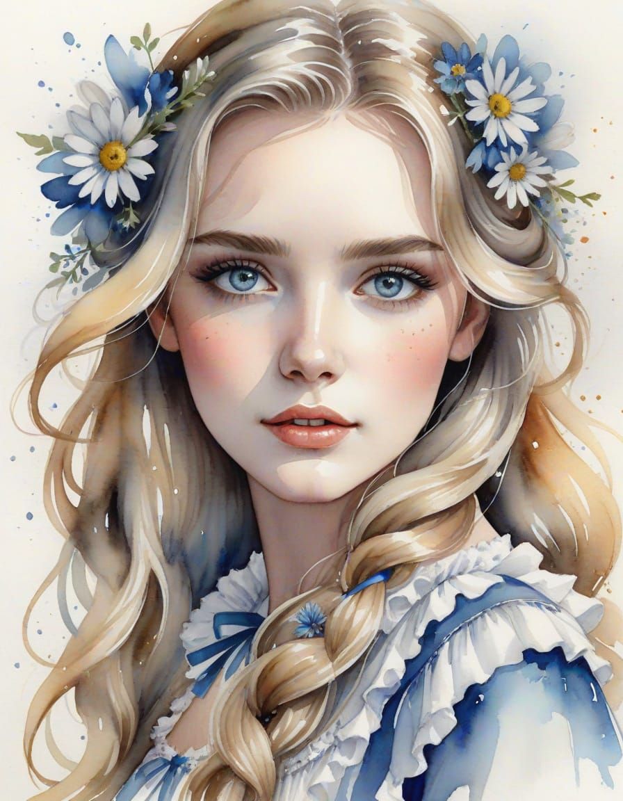 Stunning Woman with Daisy Hair in Watercolor Style