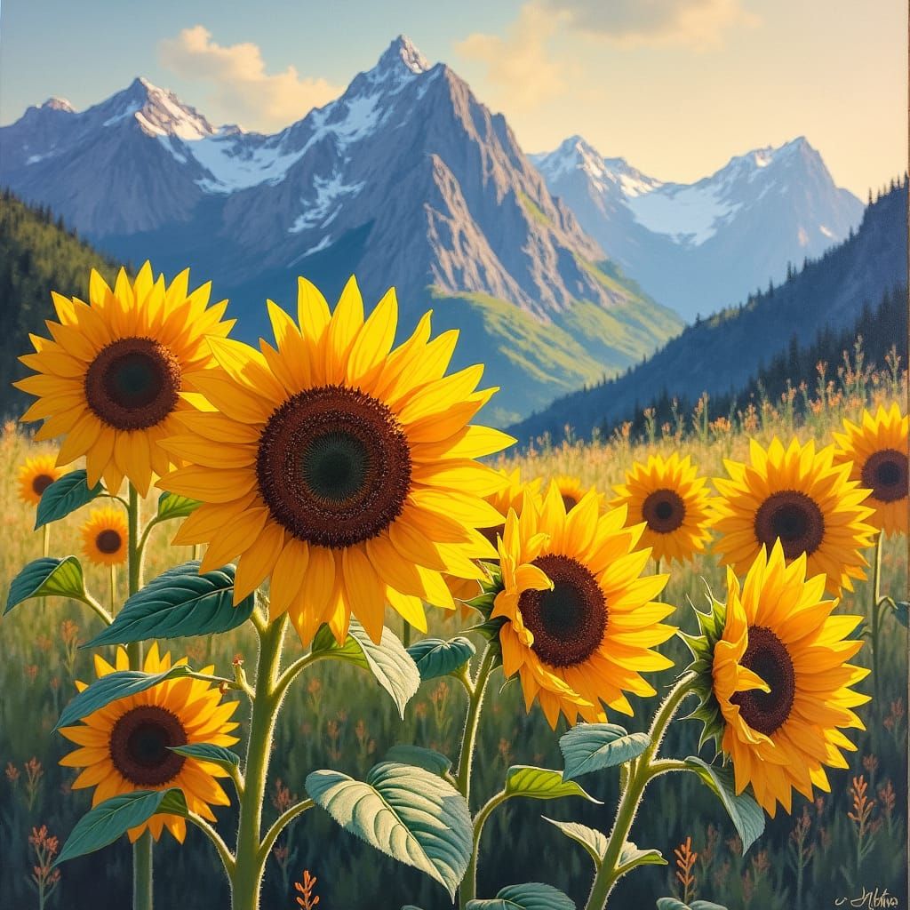 Sunflowers Swaying in Breeze: Impressionist Landscape