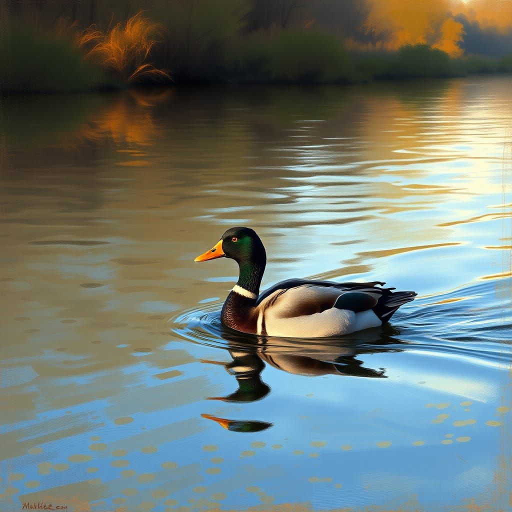 Serene Black and White Duck on River at Dusk
