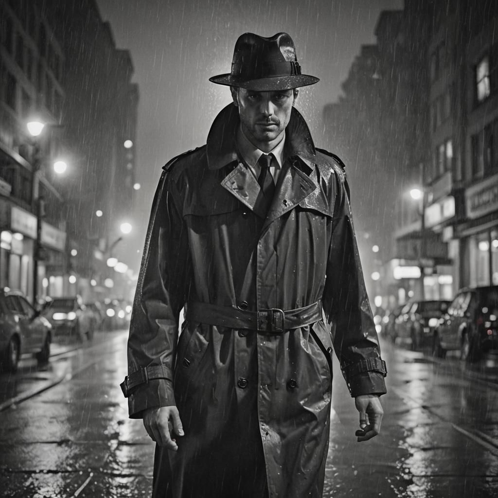 Noir Image: Man in Rain-soaked City at Night