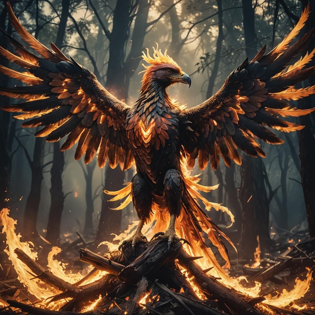 Fiery Phoenix Rising from Ashes: Cinematic Still
