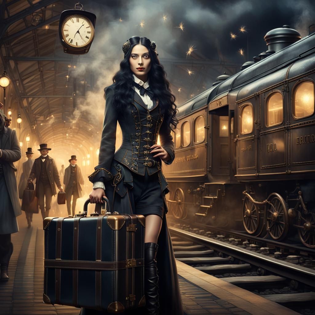 Steampunk Woman at Train Station in 4K