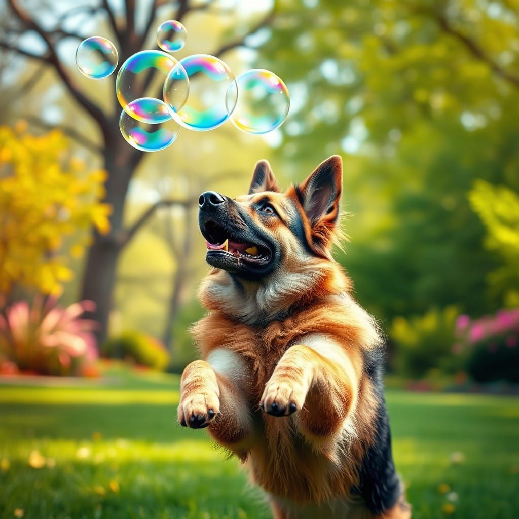 German Shepherd in Mid-Air, Catching Rainbow Bubbles in a Vi...