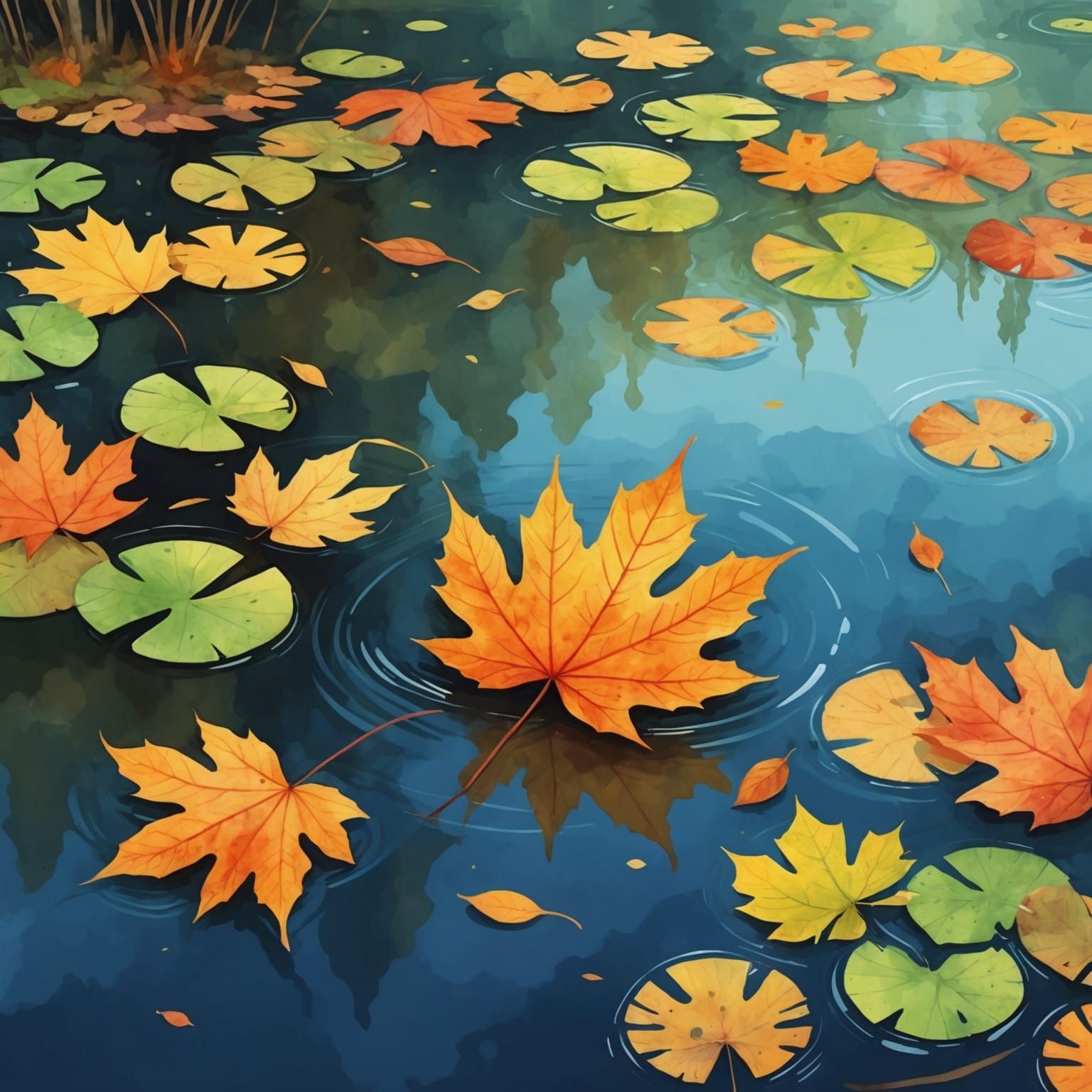 Autumn Leaf Falling into Pond in Watercolor Style
