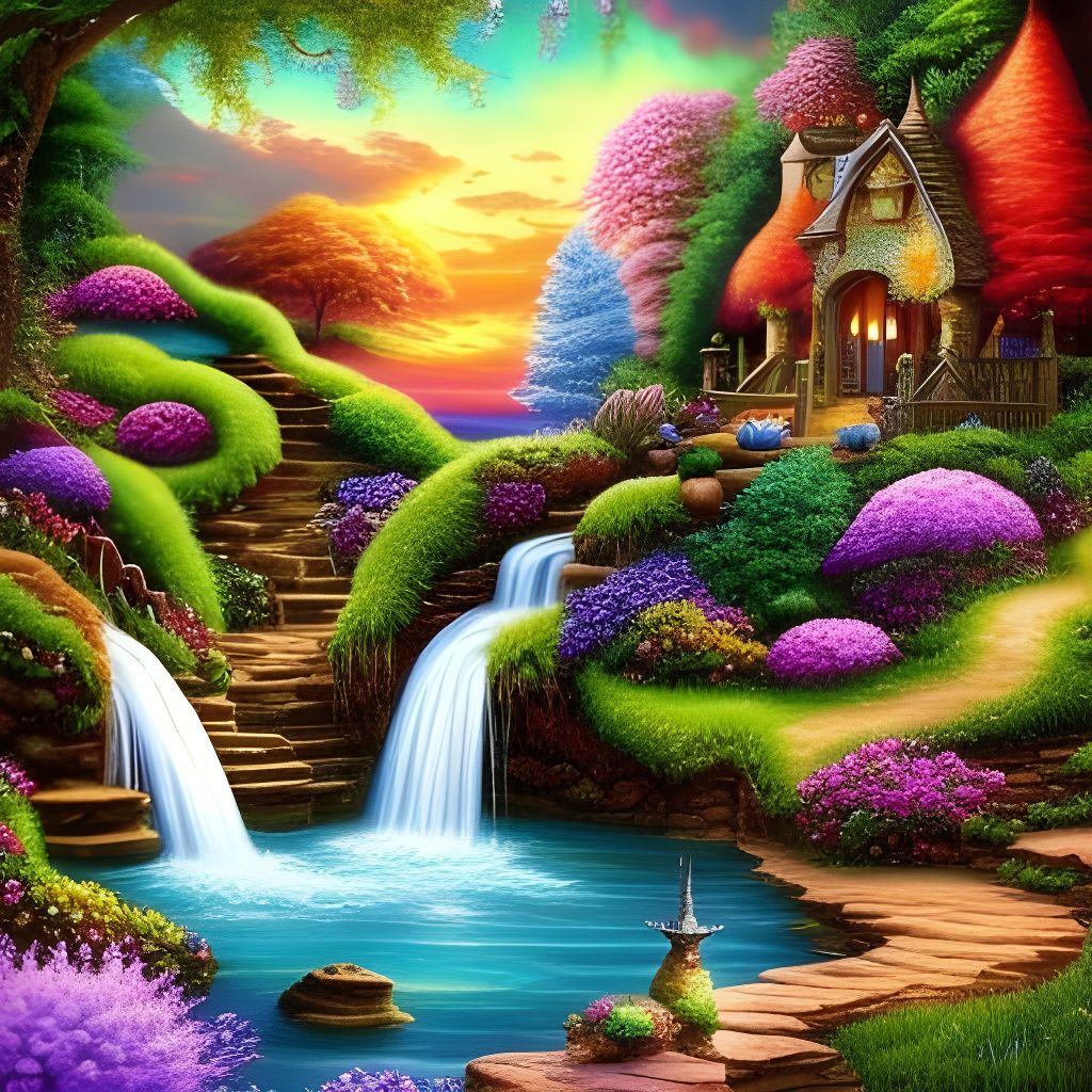 Enchanted Faerie Garden with Waterfalls in Ethereal Style