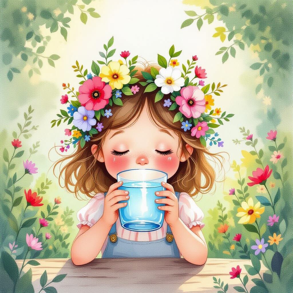 Whimsical Watercolor Girl with Flower Crown