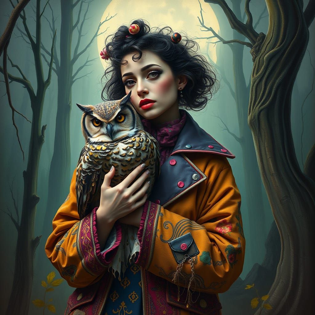 Surreal Woman Embracing Taxidermied Owl in Whimsical Moonlit...