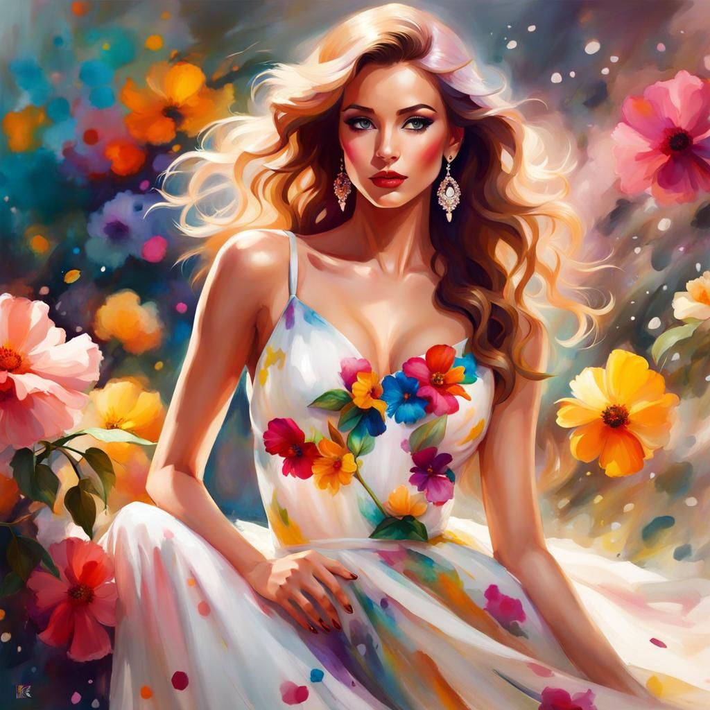 Beautiful Woman in Flower Dress: Fine Art