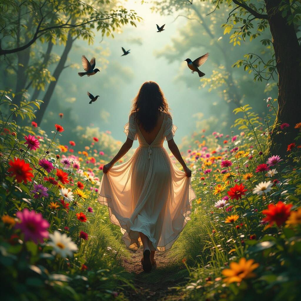 Whimsical Woman in Lush Flower Forest, Cinematic Style