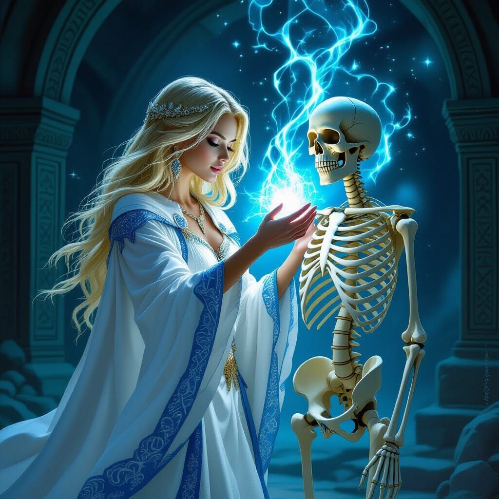 Sorceress Revives Skeleton in Ancient Chamber