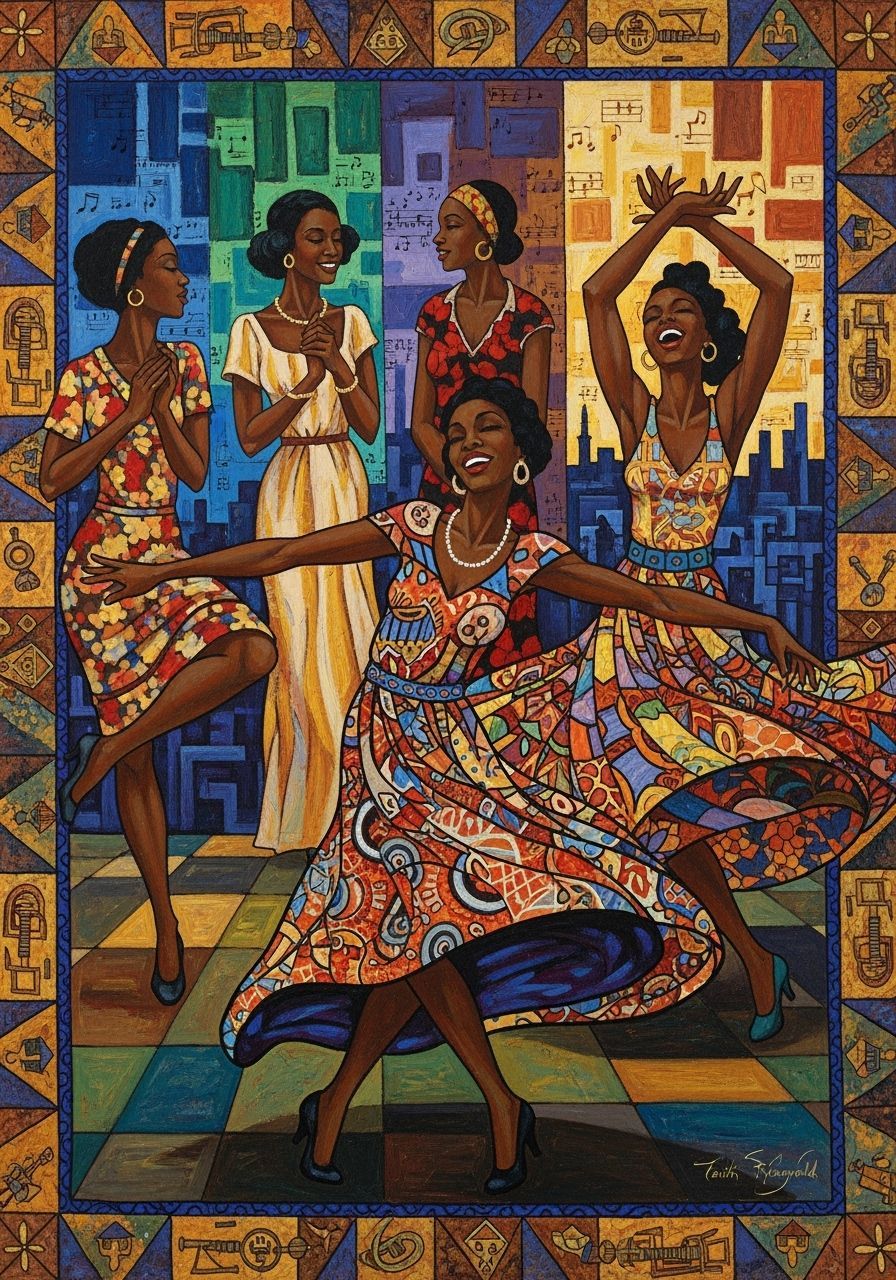 Four Black Women Dancing in Harlem Renaissance Quilt Style