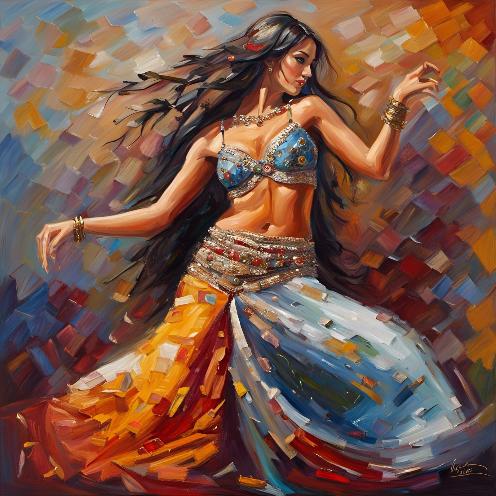 Belly Dancer Spinning: Impasto Oil Painting