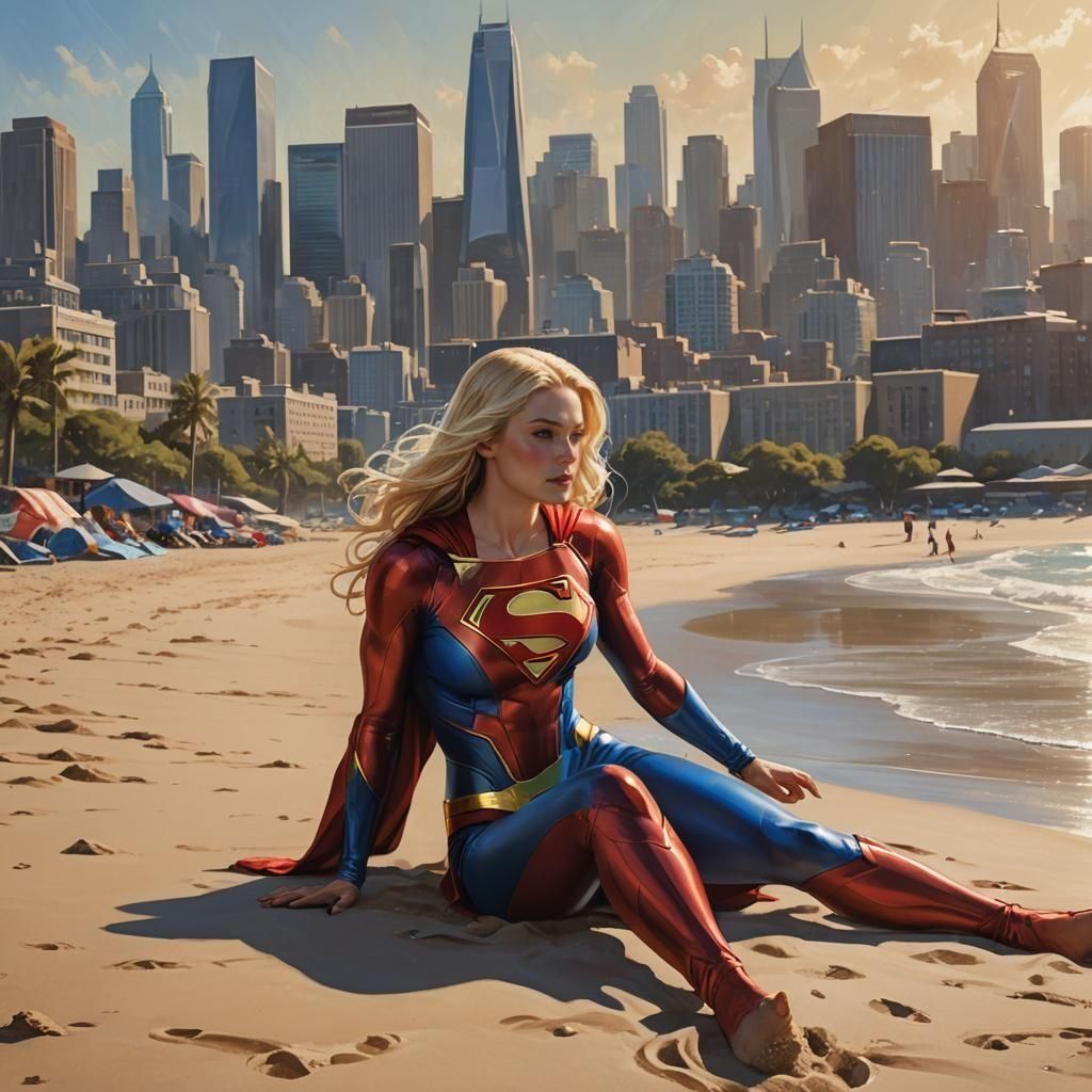 Supergirl, with her flowing blonde hair cascading down her b...