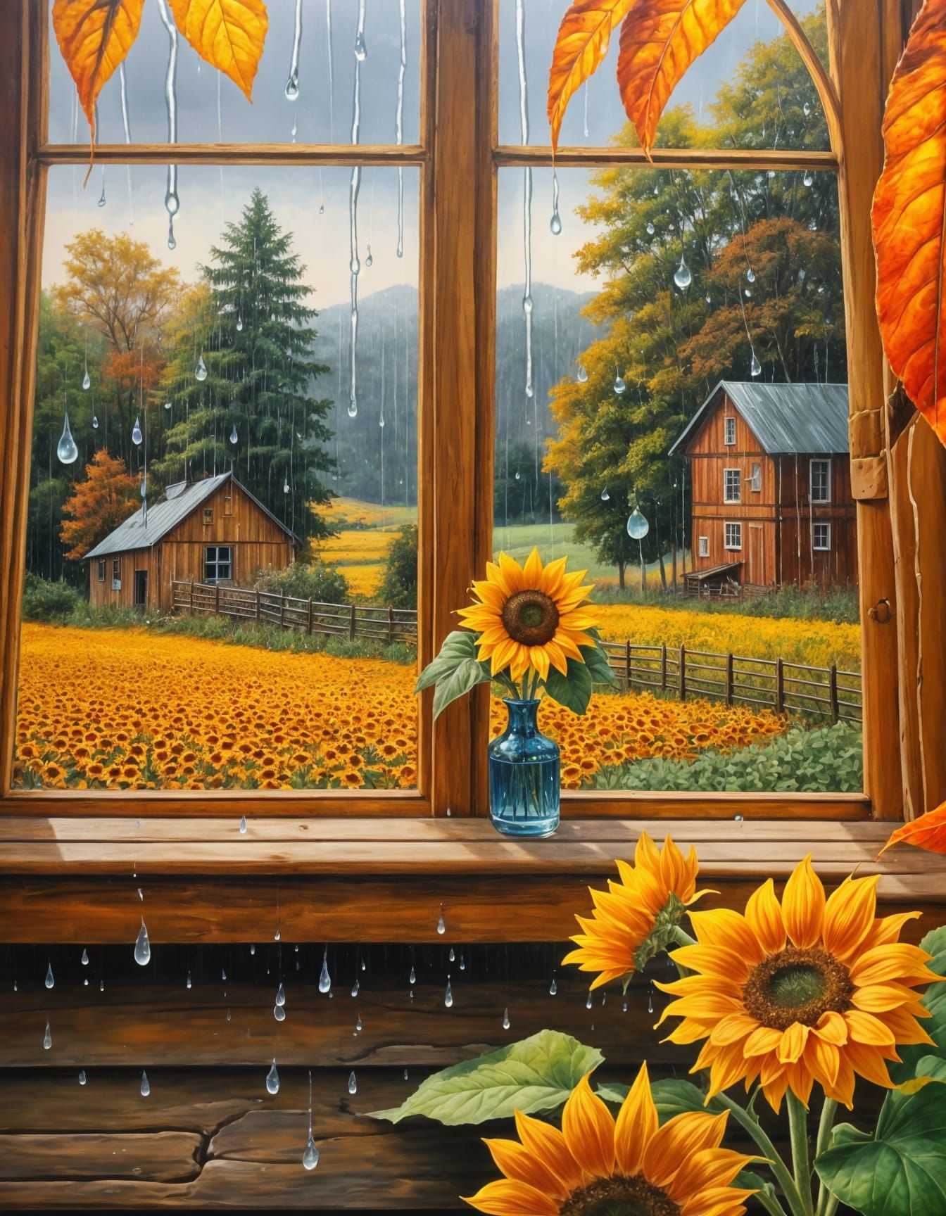 Autumn Sunflower: Realistic Acrylic Painting of Rainy Day