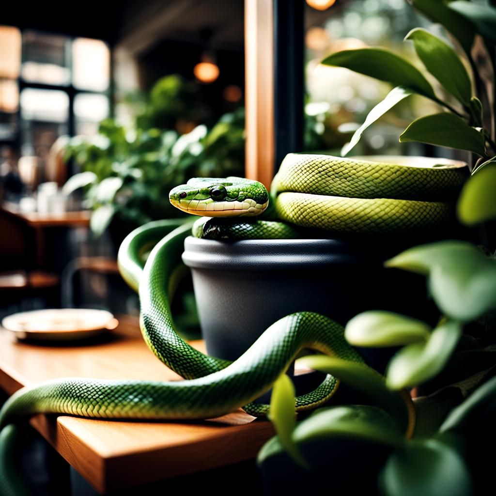 Sunlit Cafe Scene with Hidden Green Snake