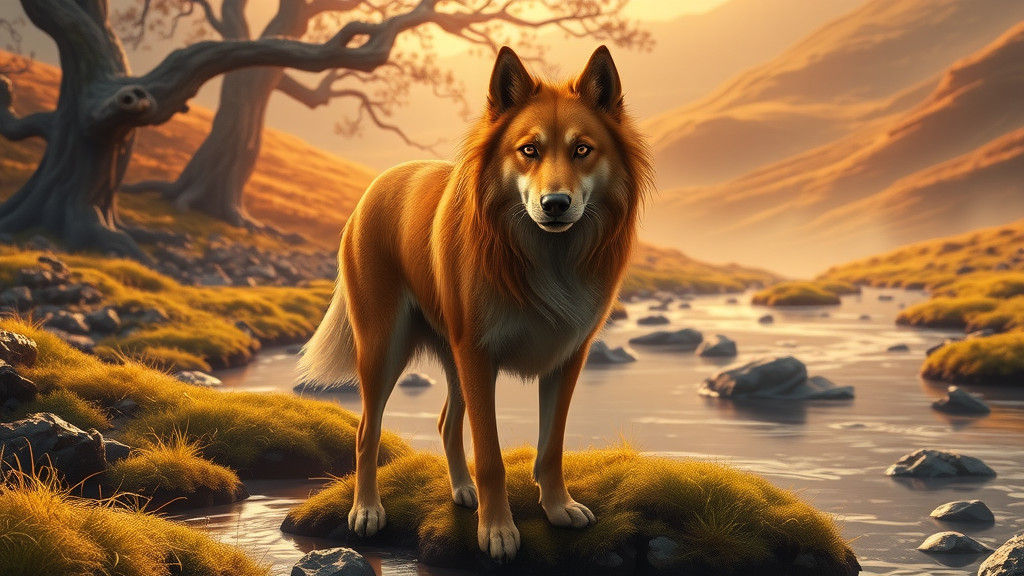 Majestic Stray Dog on Serene Stream in Digital Matte Paintin...