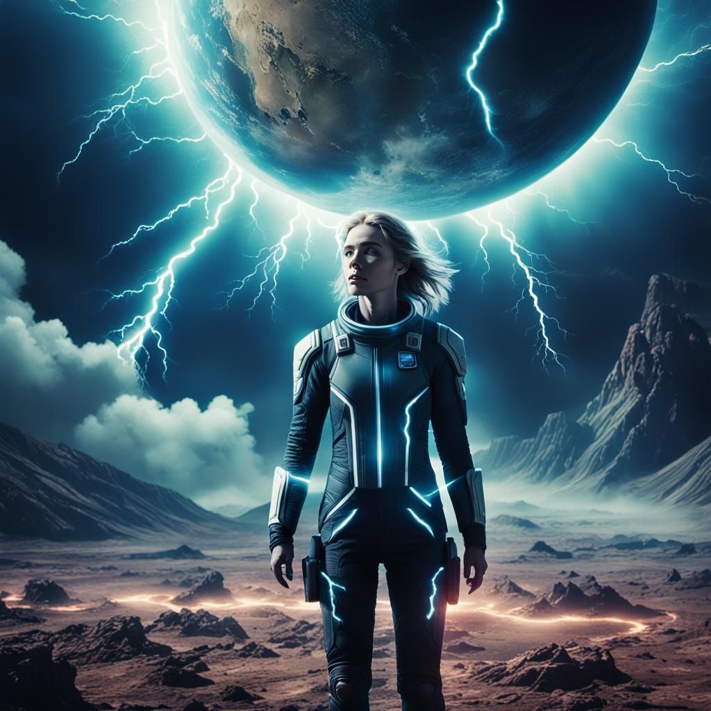 Woman in Spaceship with Lightning Planet: Cinematic Still