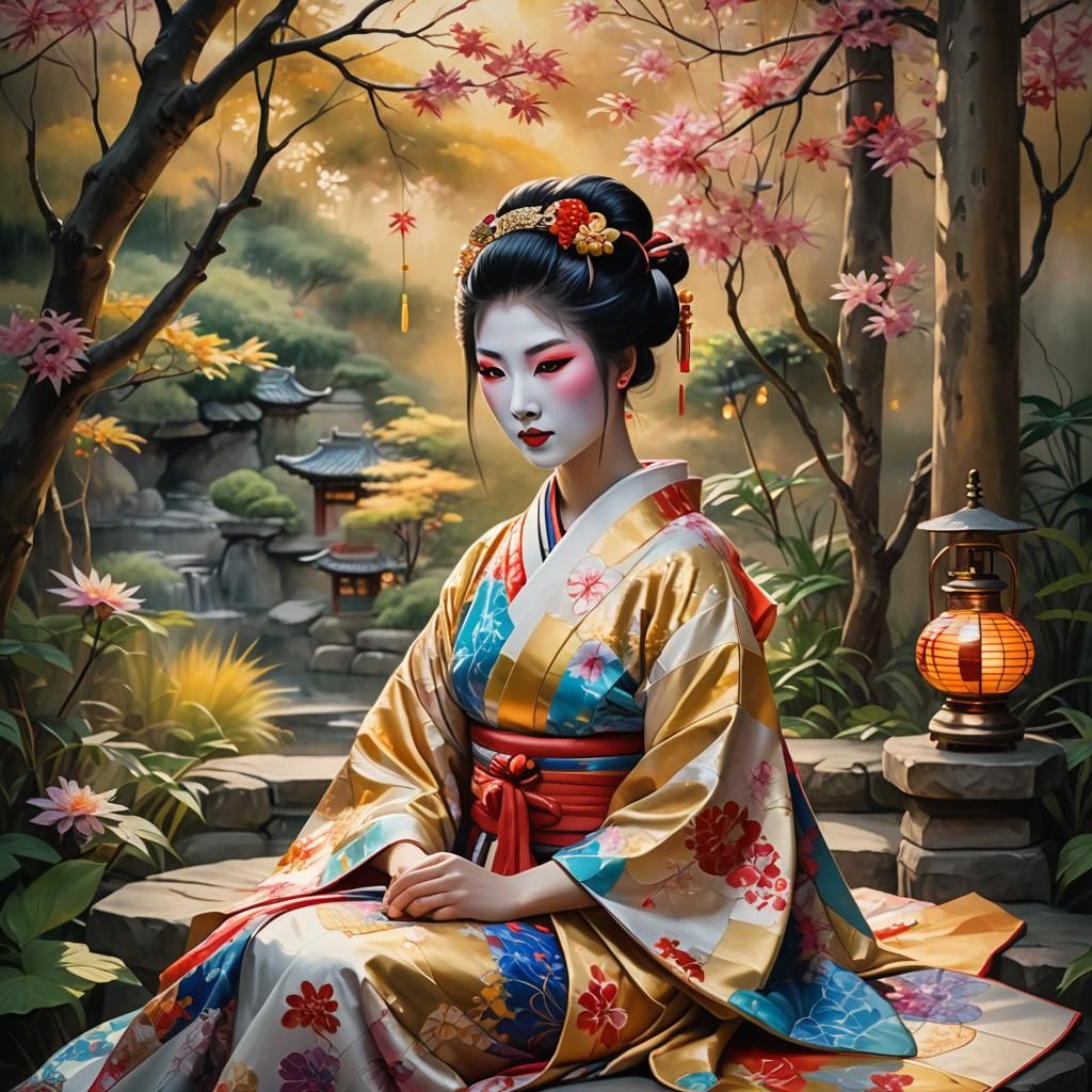 Fantasy Geisha in Tranquil Garden: Oil Painting