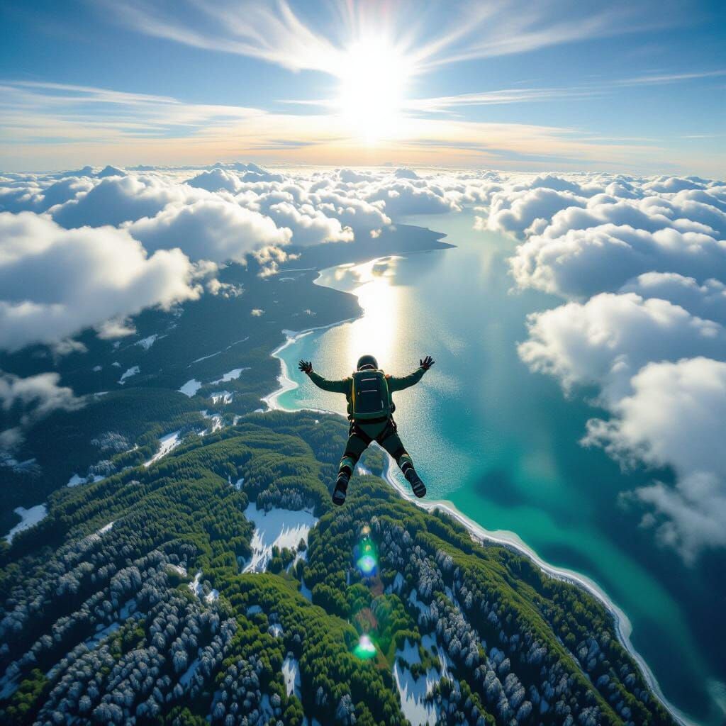 Skydiver Captures Snow-Dusted Forest and Frozen Sea Vista