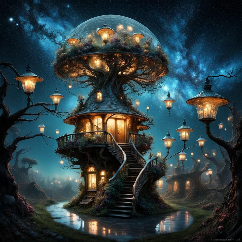 Surreal Glowing Fairy Farm with Bioluminescent Bonsai