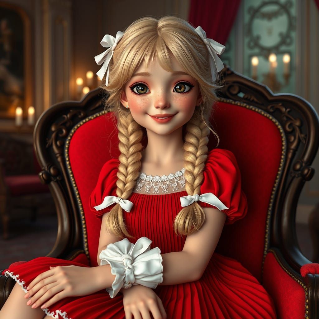 Elegant Fantasy Concept Art: Petite Blond Woman in Red Skate...