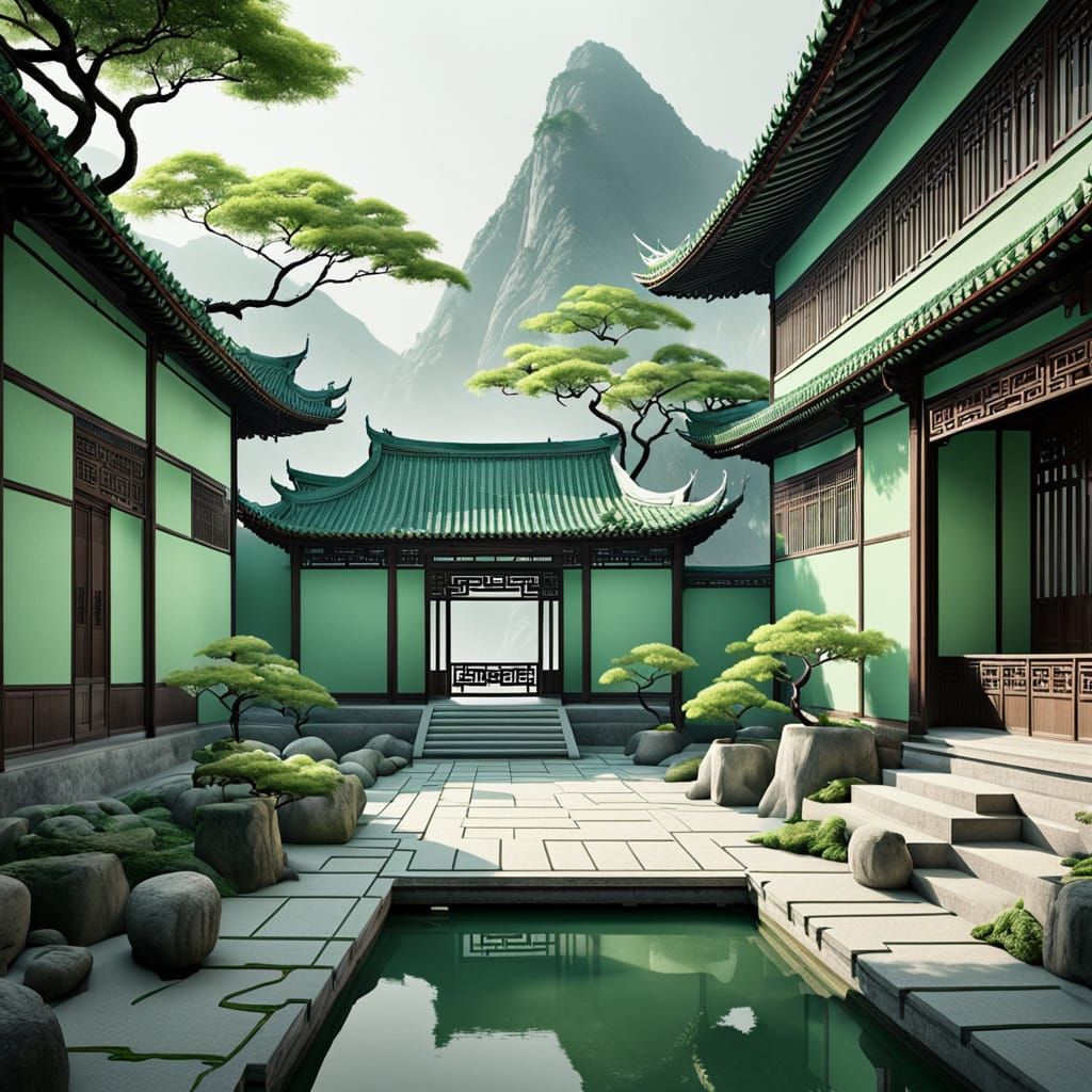 Ancient Chinese Village Scene in Minimalist Stage Design