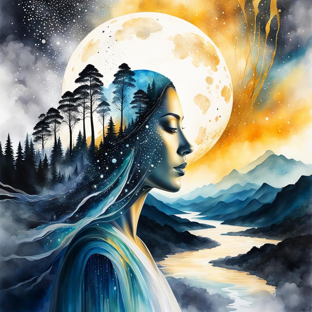 Dreamland Double Exposure Watercolor with Golden Showers