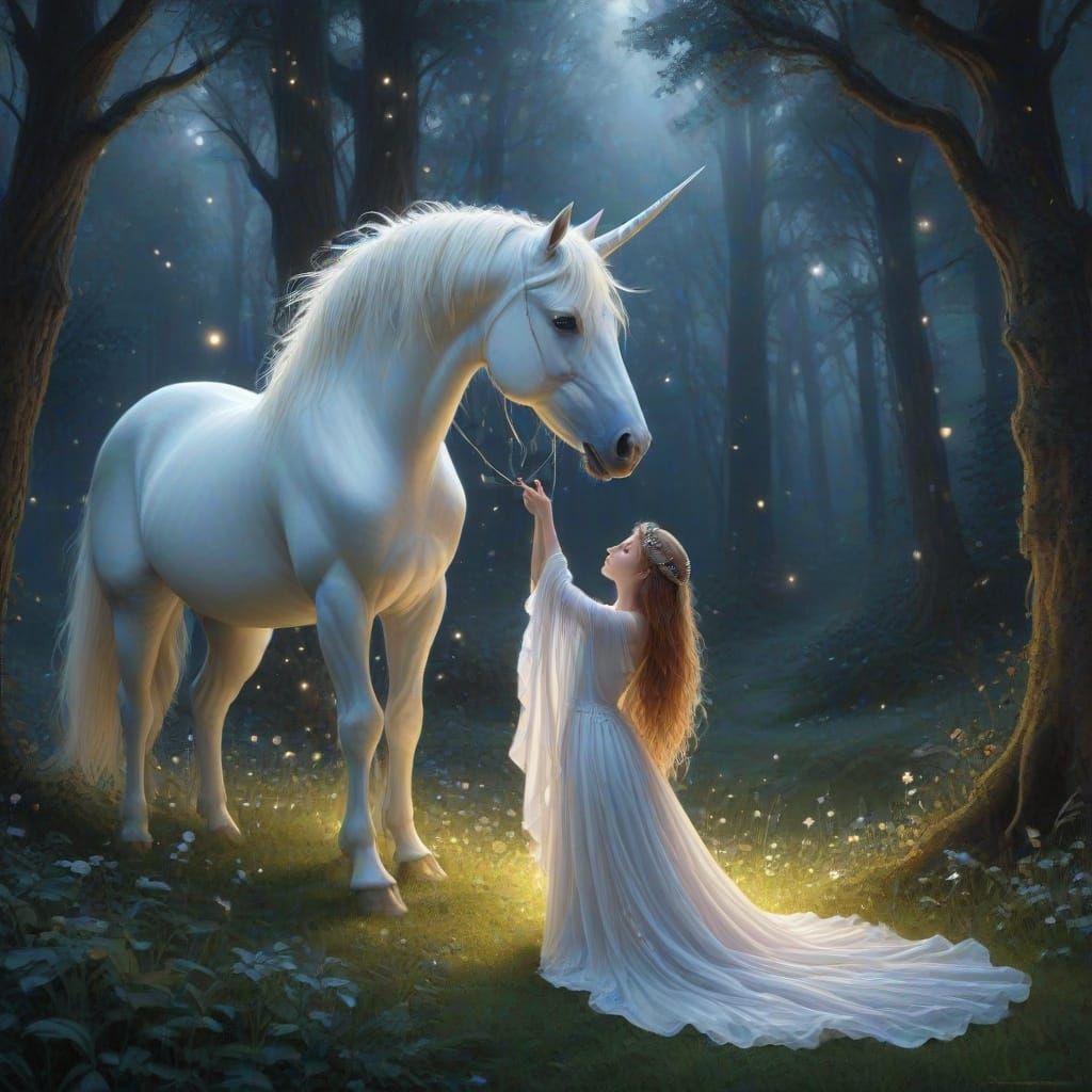 Modern Witch and Unicorn in Ethereal Meadow